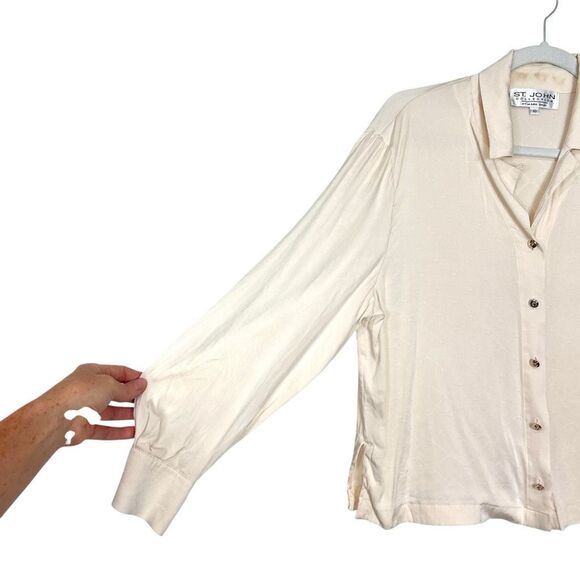 St. John Collection Silk Blouse Women 10 Cream Jacquard Button Front Long Sleeve - Picture 4 of 13